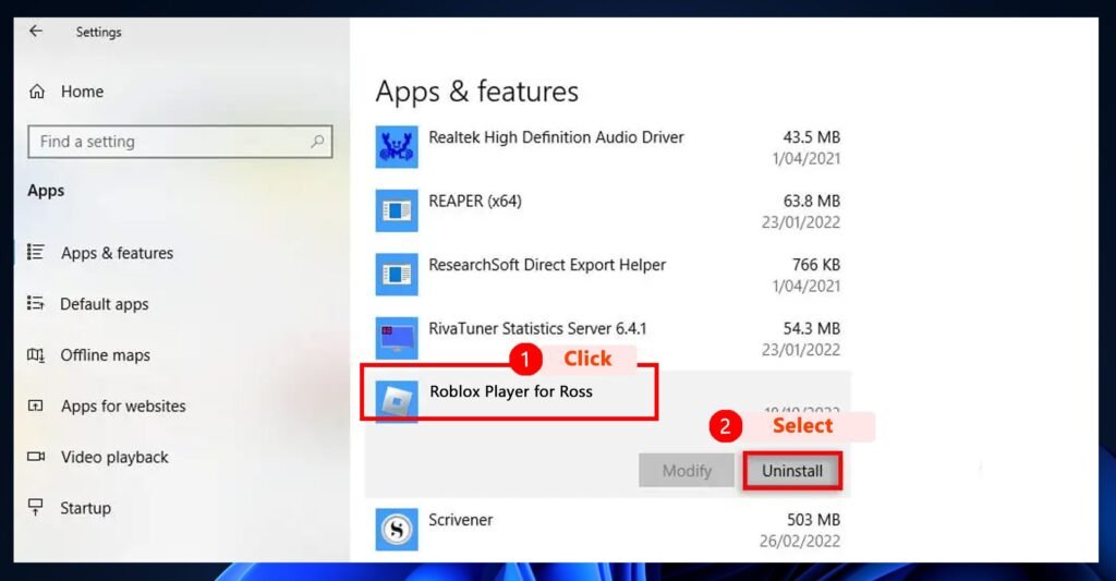 Uninstall Roblox from Apps & features