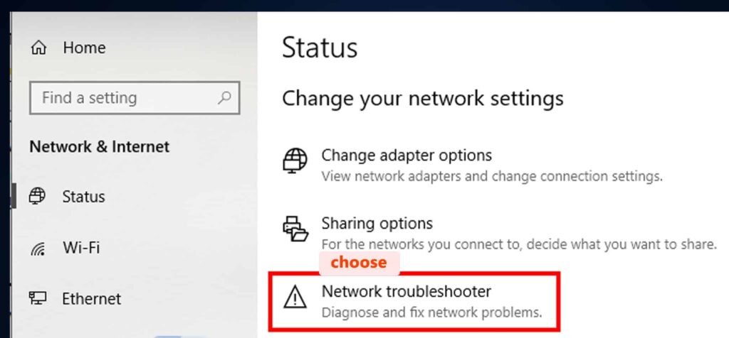 Choose Network Troubleshooter