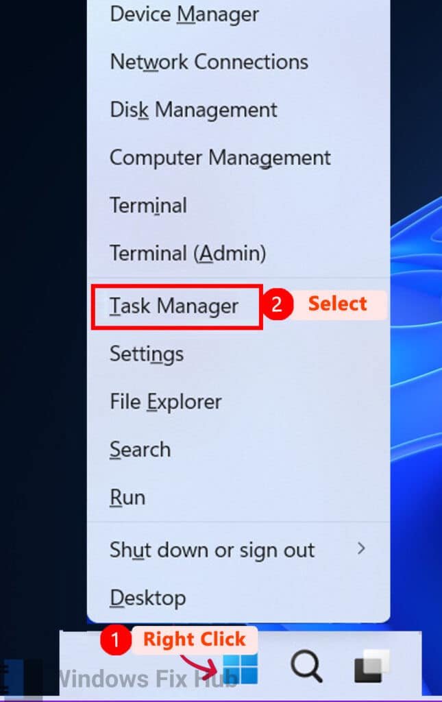 Right Click Start select Task Manager