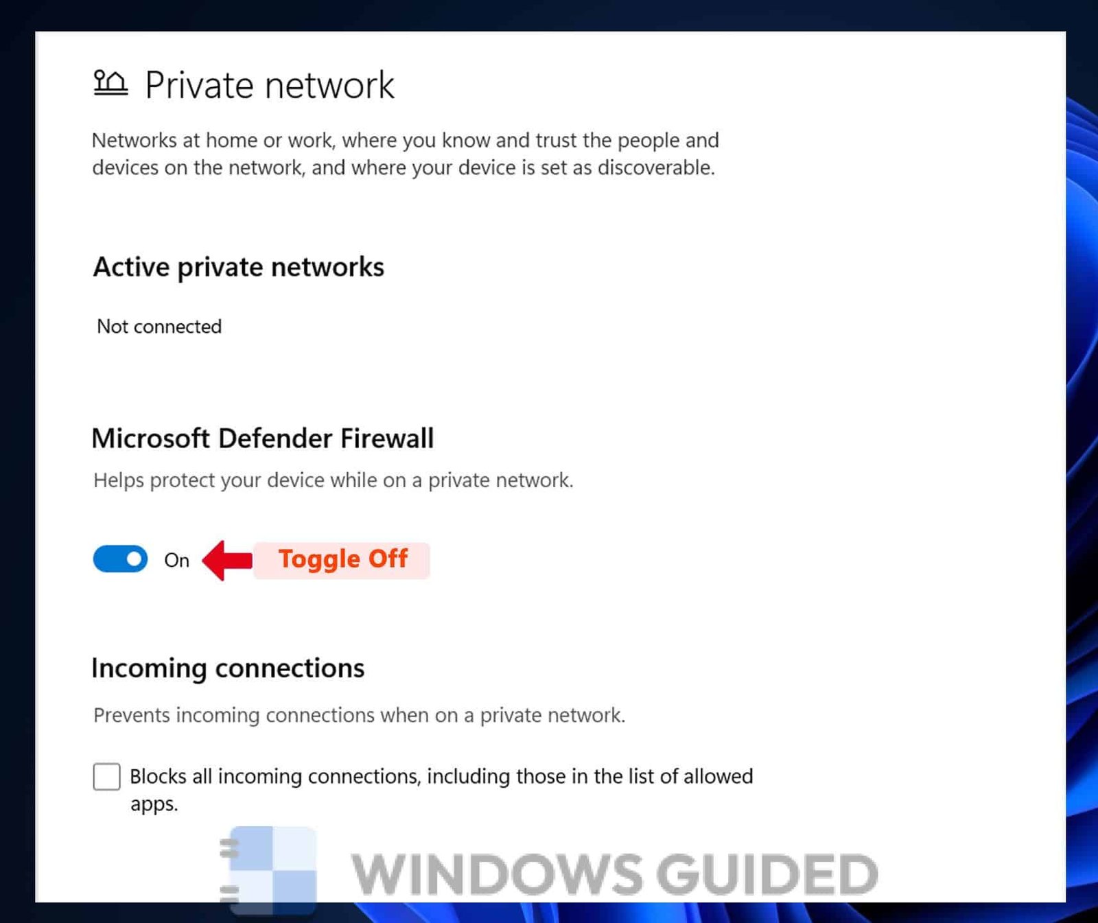 Toggle off Microsoft Defender Firewall