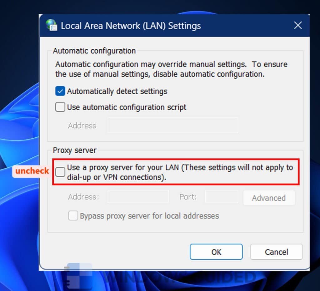 Uncheck Use a proxy server for your LAN