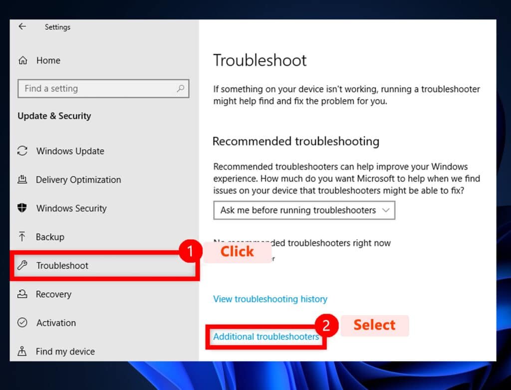 Select Additional Troubleshooters