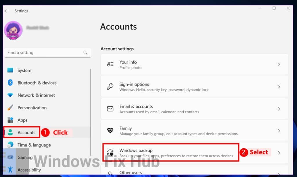 Click Accounts then Windows Backup