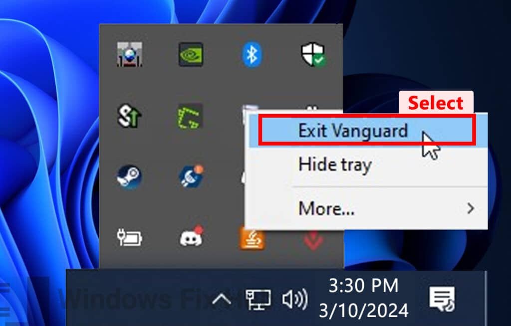 Exit Vanguard in System Tray