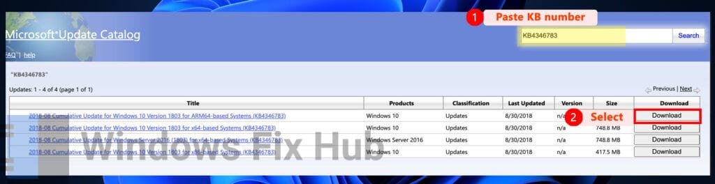 Search for CU number in Microsoft Update Catalog