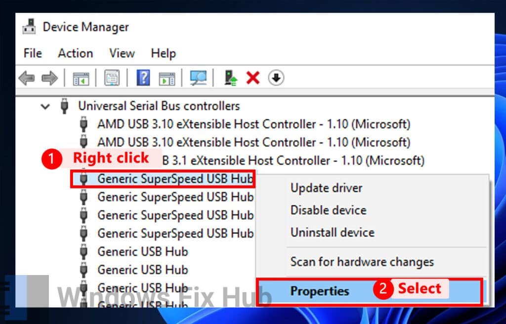 Select USB in Device Manager then Properties