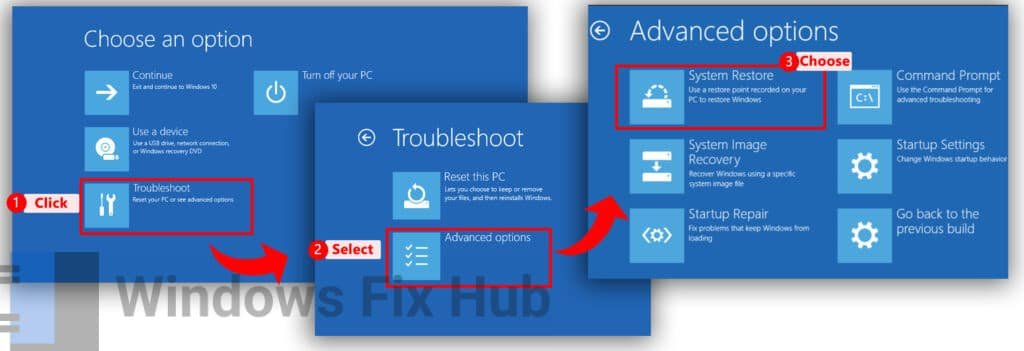 Troubleshoot - Advanced Options - System Restore