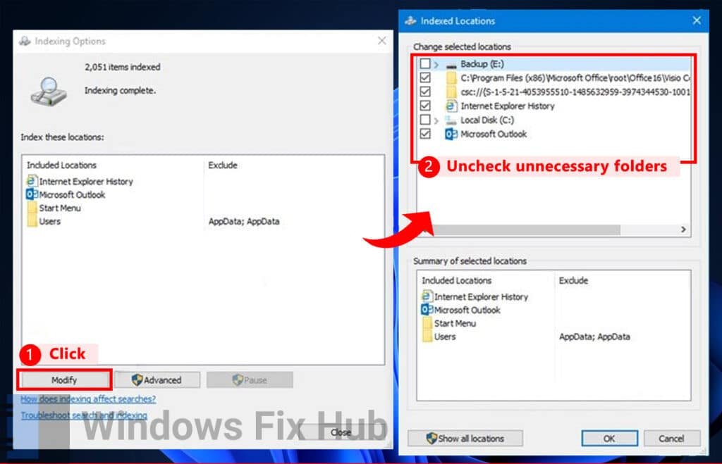 Uncheck unnecessary folders or directories from Windows Search Indexing