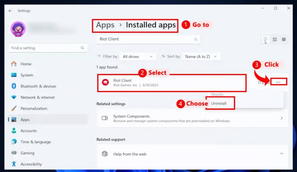 Uninstall Riot Client from Installed Apps
