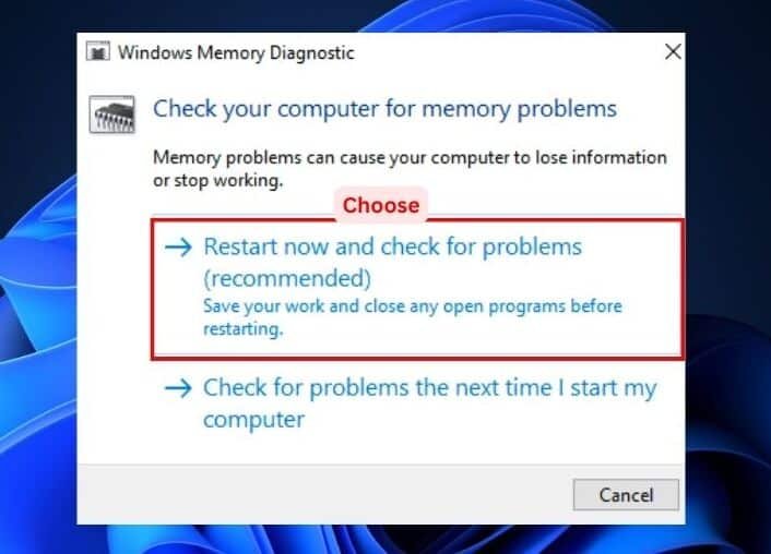 Windows Memory Diagnostic, Restart now