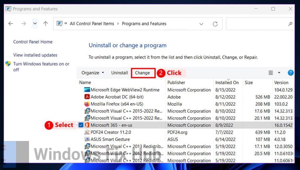 Change Microsoft under Programs and Features