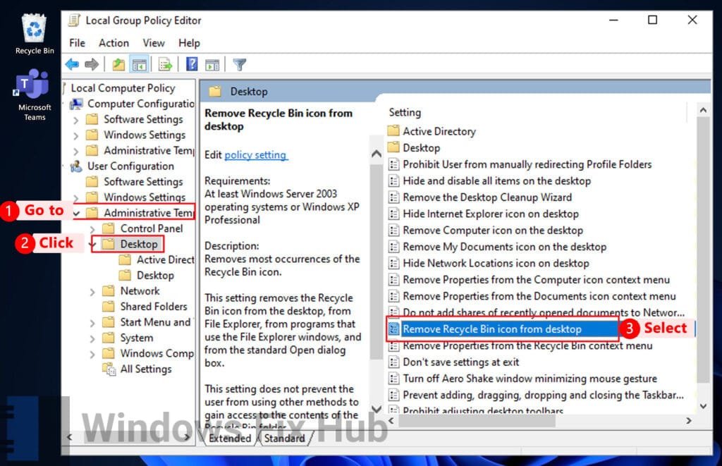 Remove Recycle Bin using Group Policy Editor