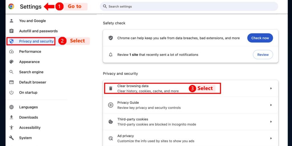 Privacy and Settings, Clear browsing data