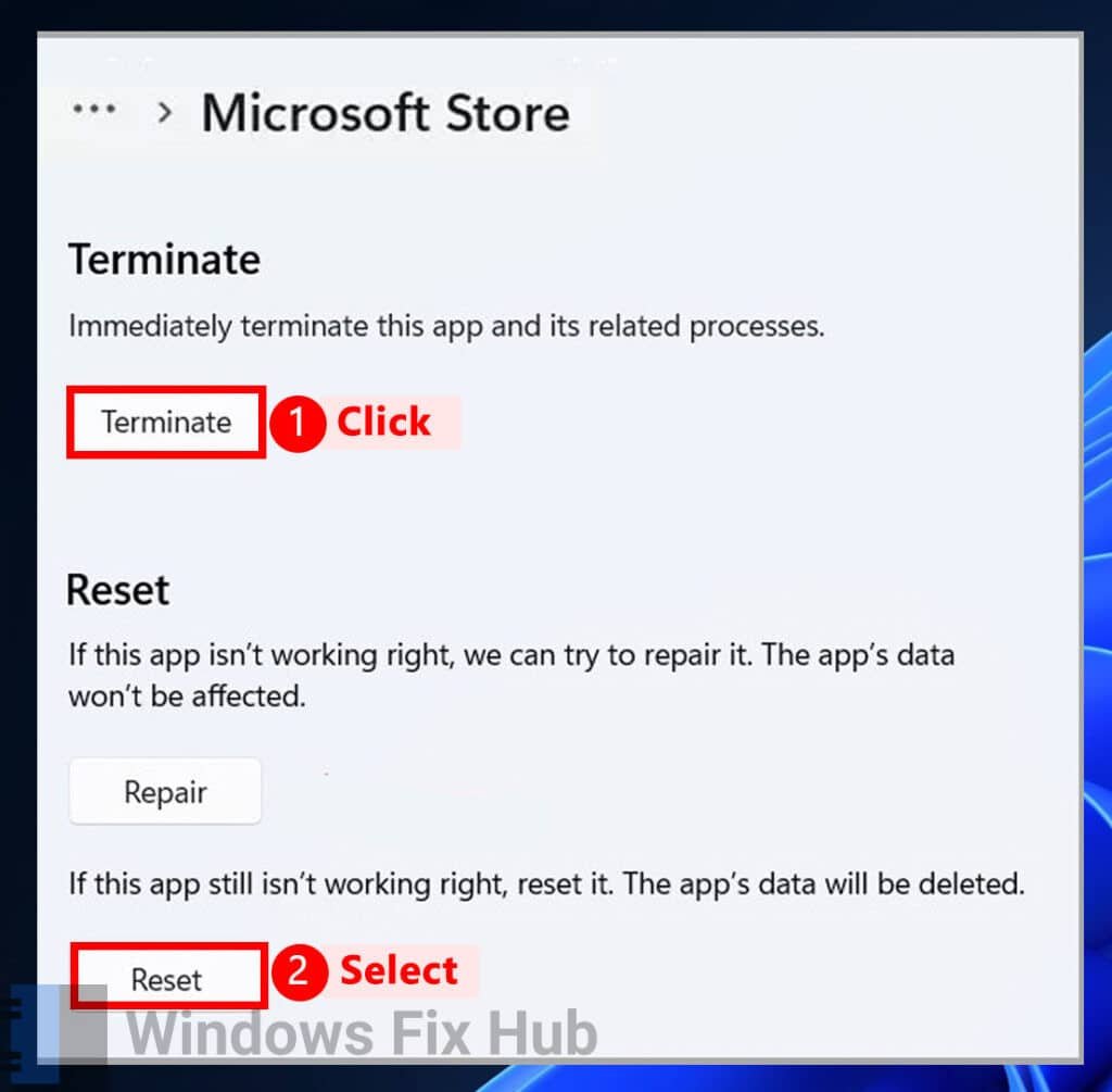 Terminate and Reset Microsoft Store