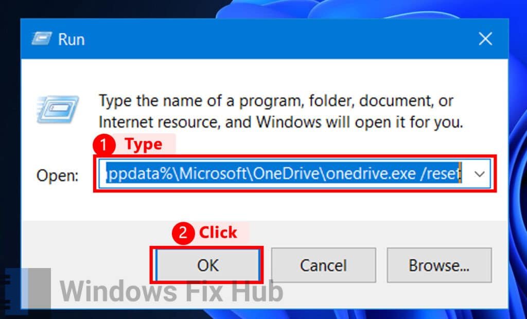 Type %localappdata%\Microsoft\OneDrive\onedrive.exe /reset