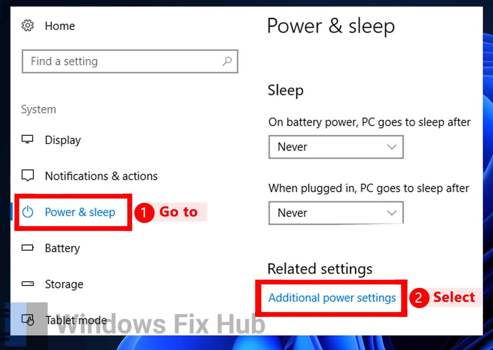 Additional power settings under Power & sleep