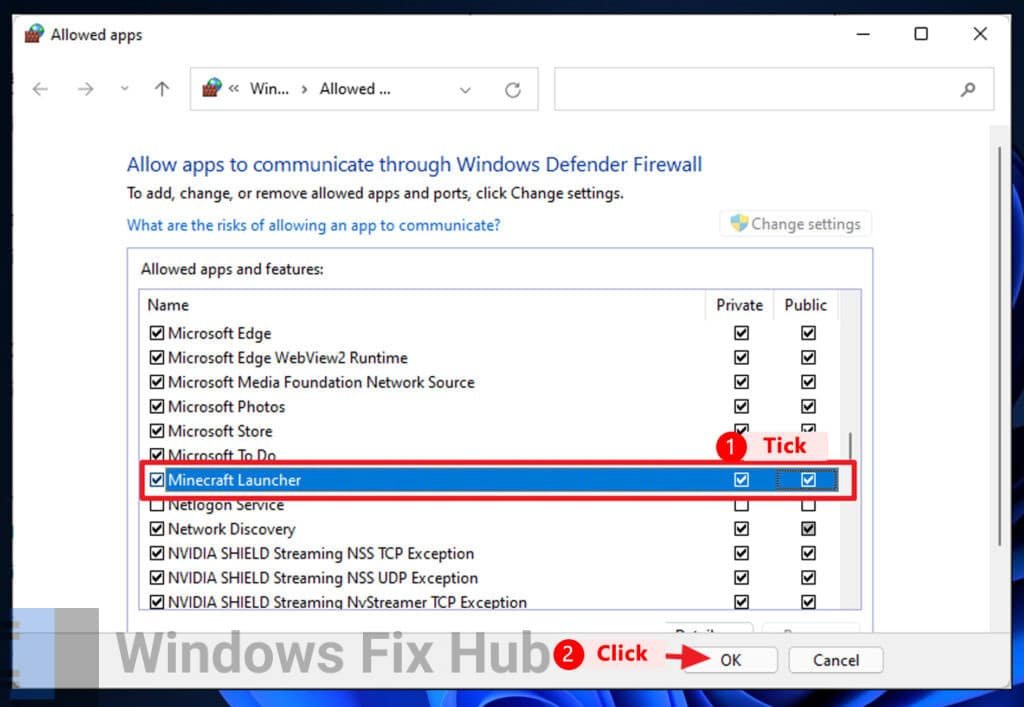 Allow Minecraft Launcher in Windows Defender Firewall