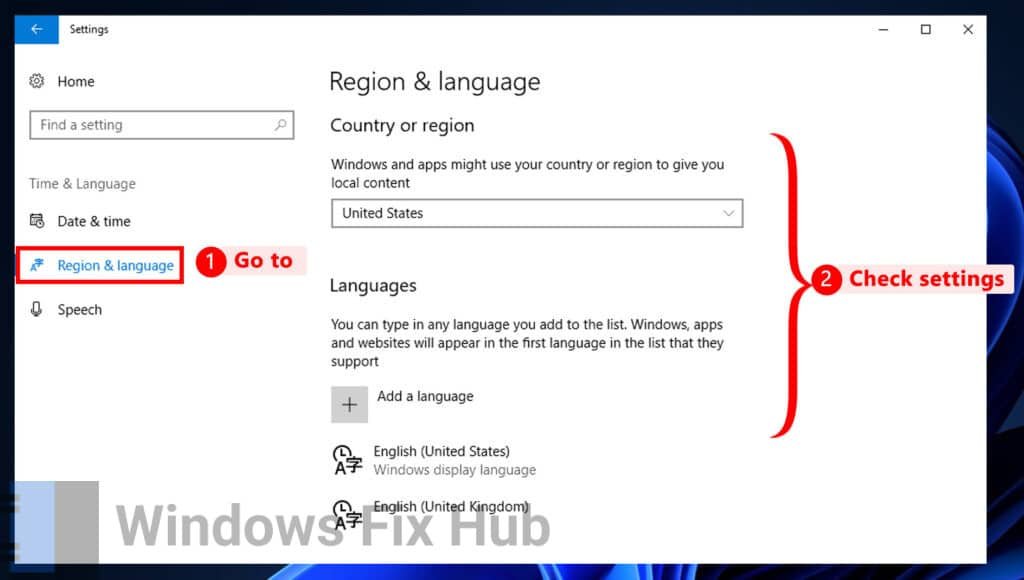 Check settings for Region & Language