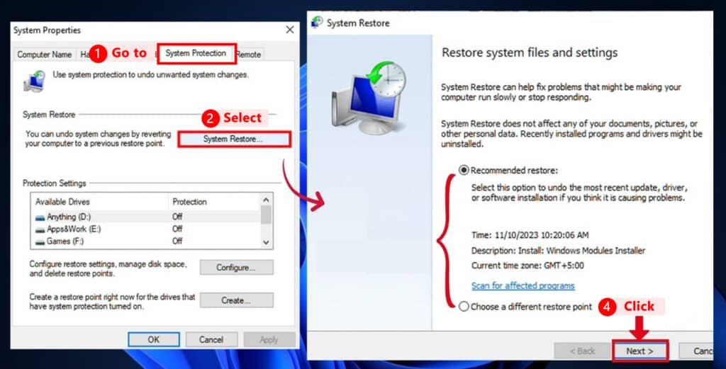 Choose System Protection then System Restore