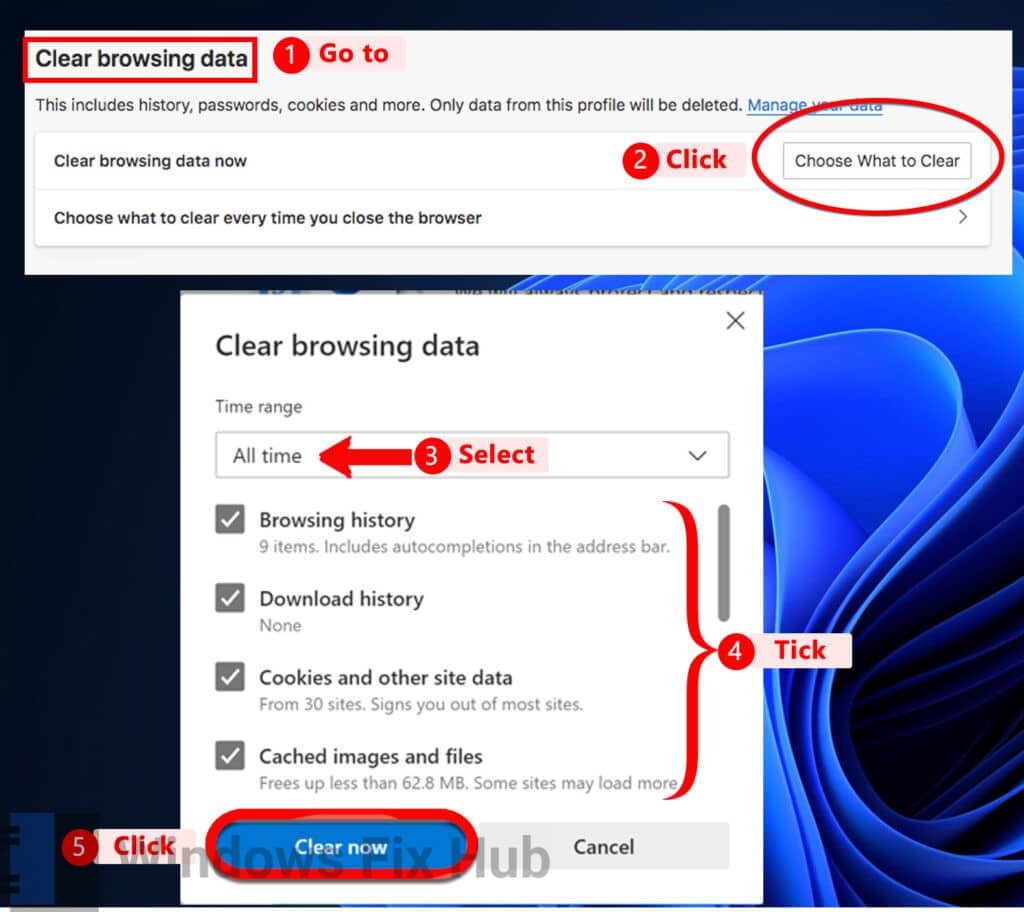 Clear browsing data in Edge