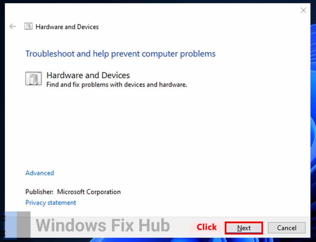 Click Next in Hardware and Devices Window