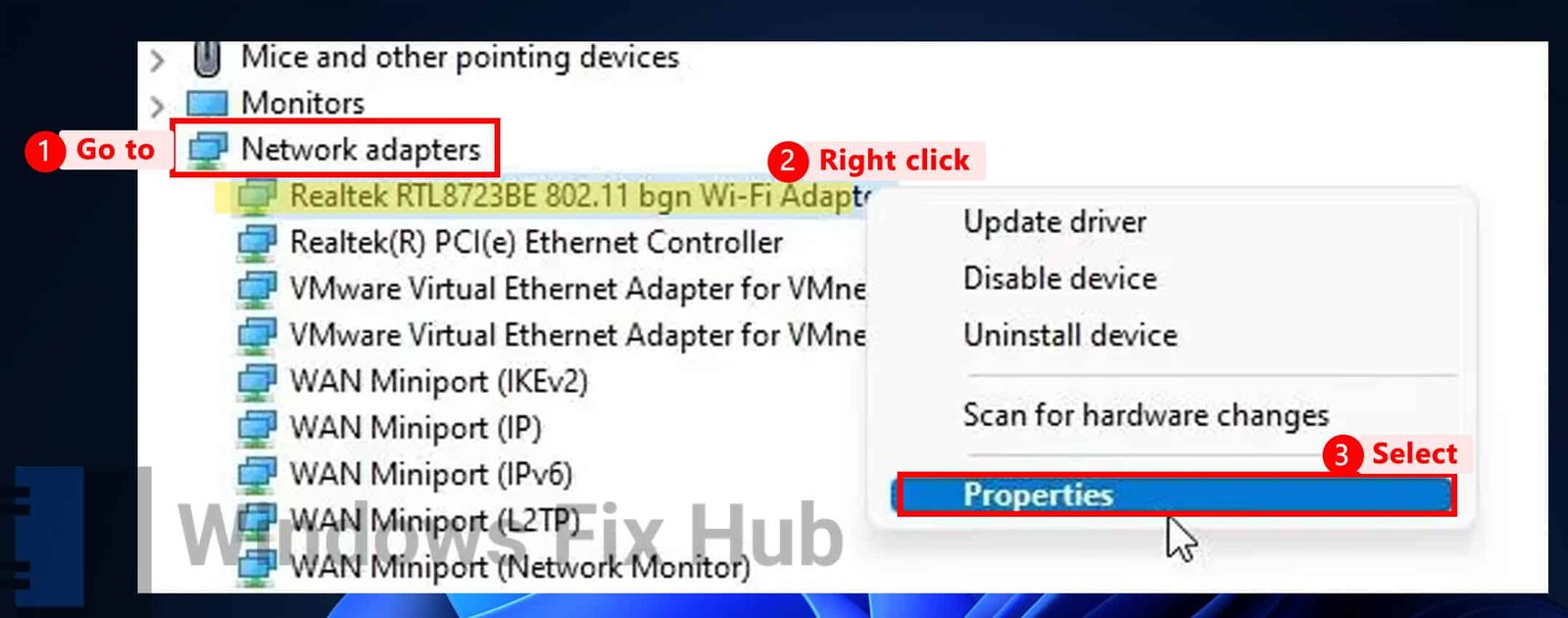 Click Properties for Network adapters