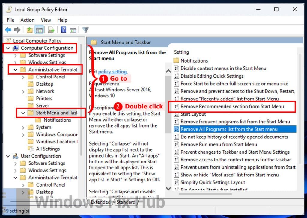 Double click Remove Recommended section from  Start Menu