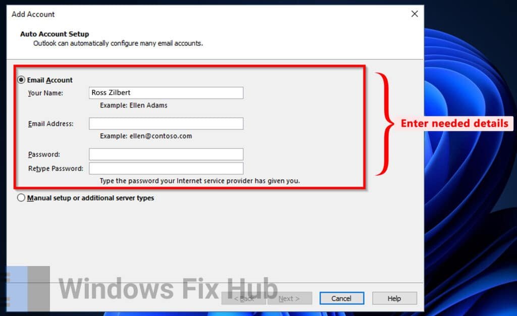 Enter needed details for new Outlook account