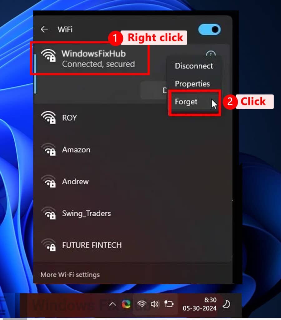 Forget WIFI connection via Action Center