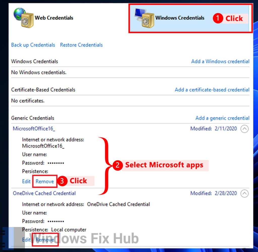 Remove any credentials related to Microsoft apps
