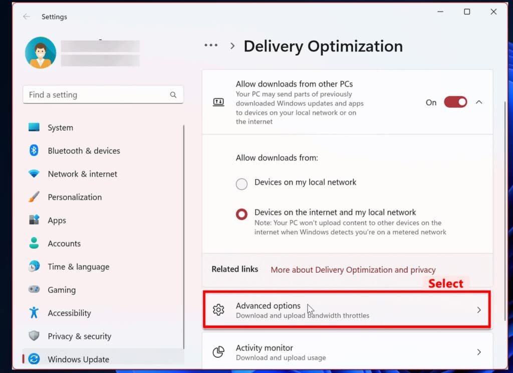 Select Advanced options under Delivery Optimization