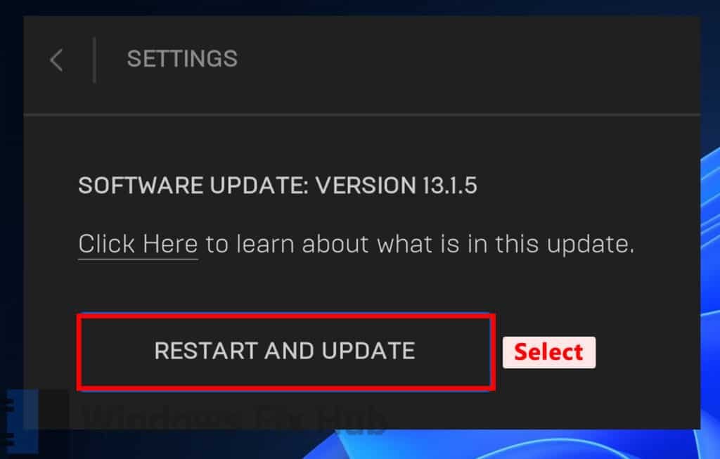 Select Restart and Update for Epic Games