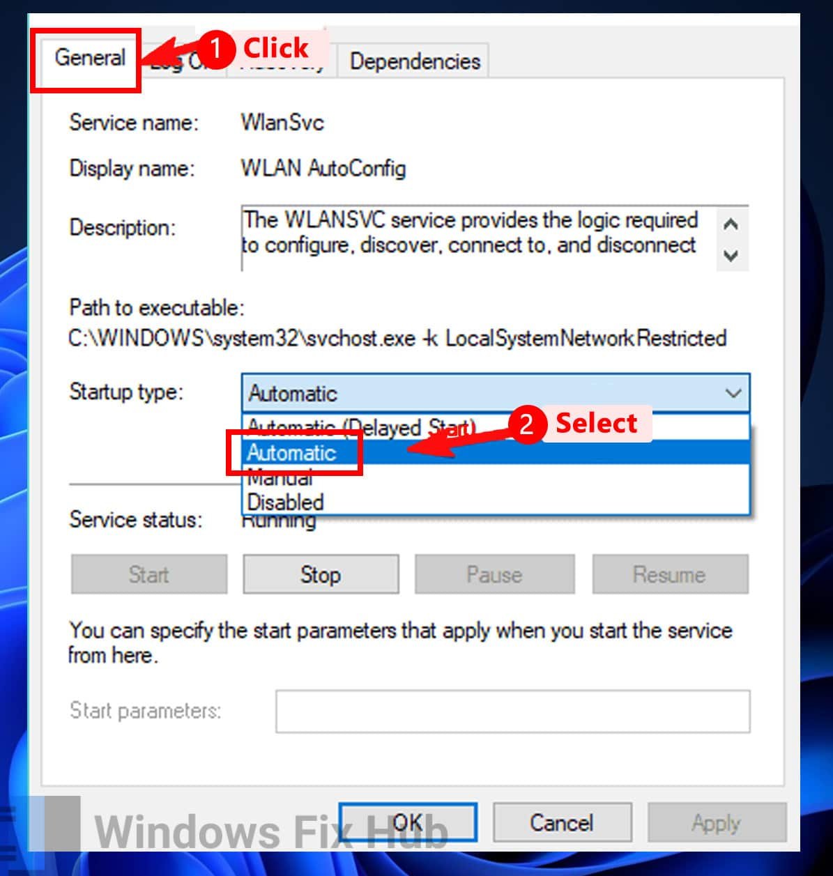 Set Startup type of Wlan Autoconfig to Automatic