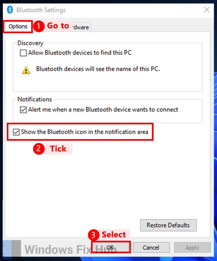Tick Show the Bluetooth icon in the notification area