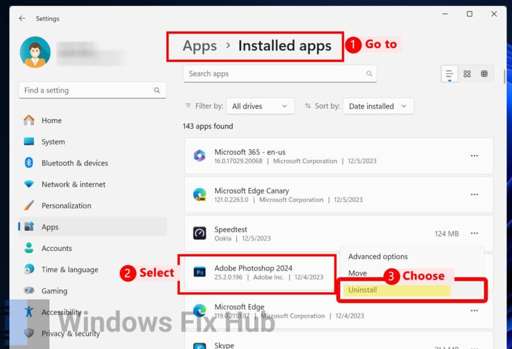 Uninstall Adobe Photoshop from Installed Apps