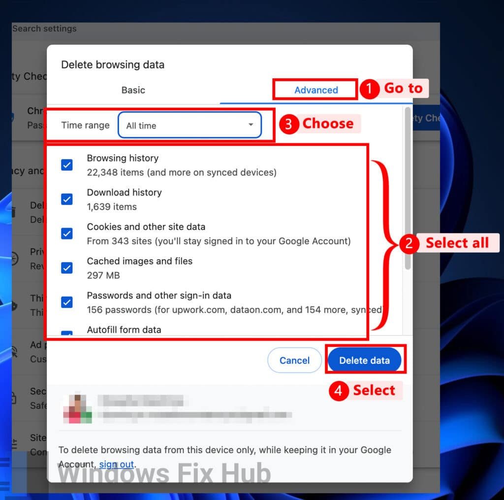 Advanced delete browsing data in Chrome