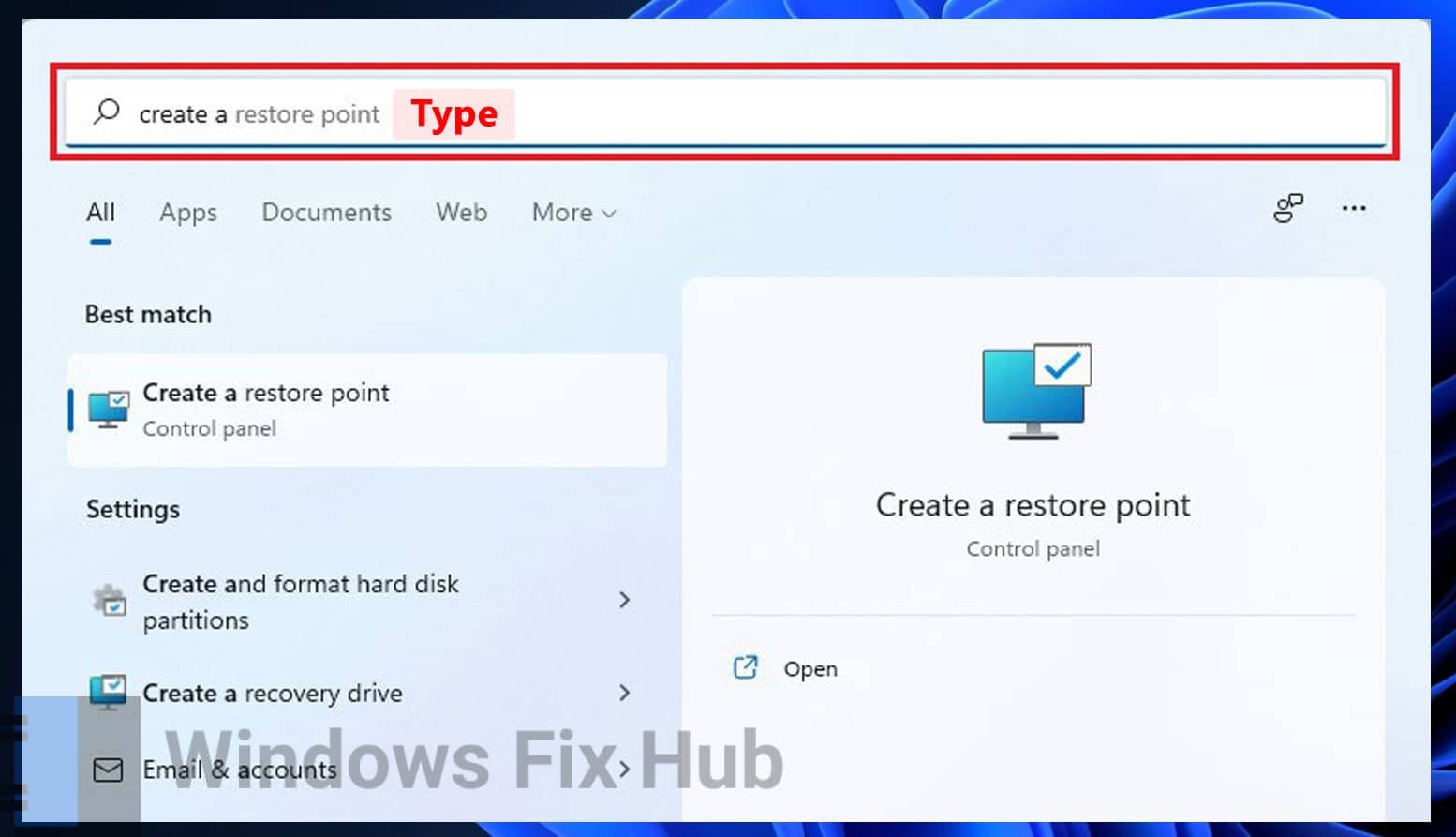 Type create a restore point in Windows Search