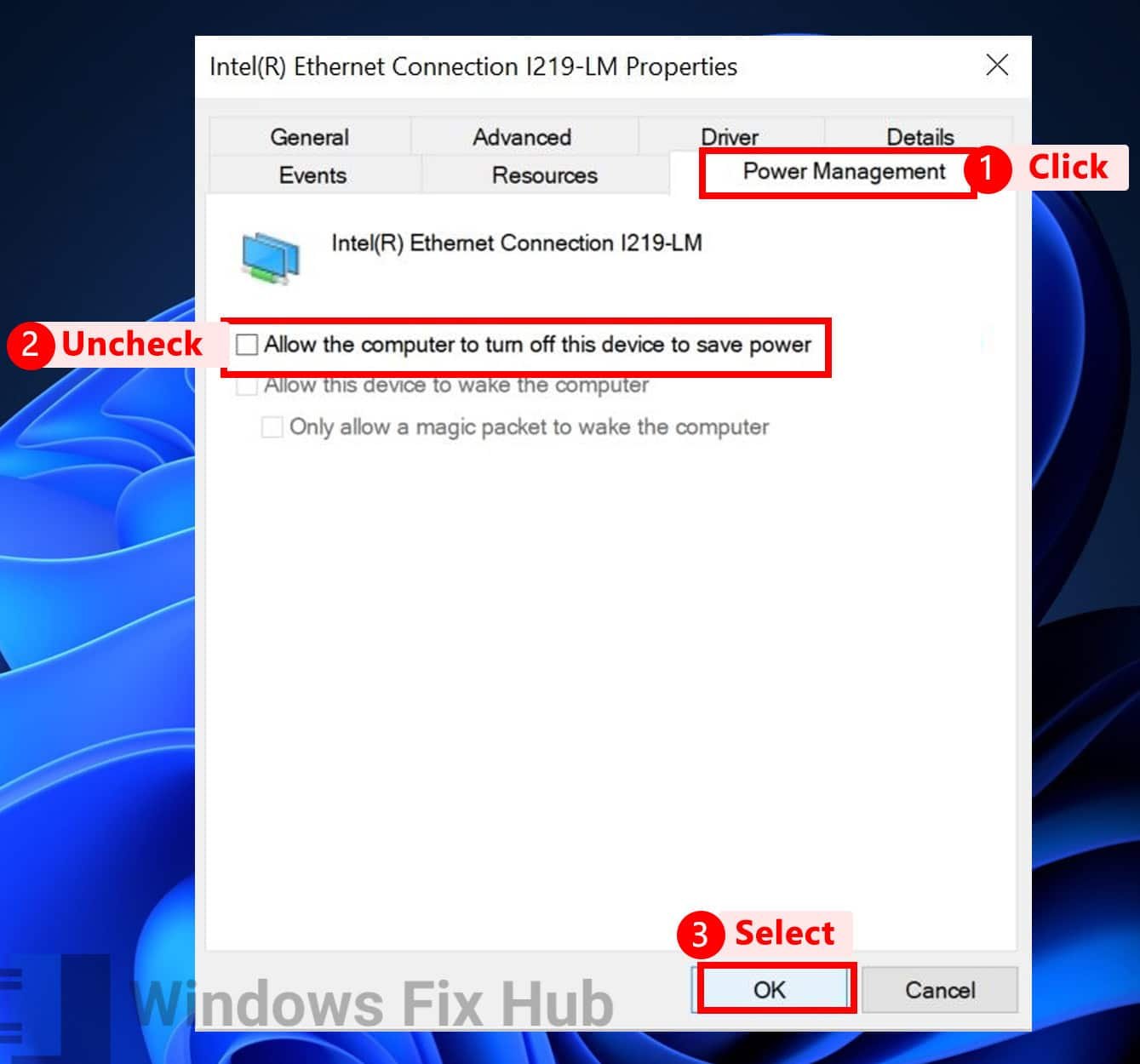 Uncheck Allow the computer to turn off this device to save power for your network adapter