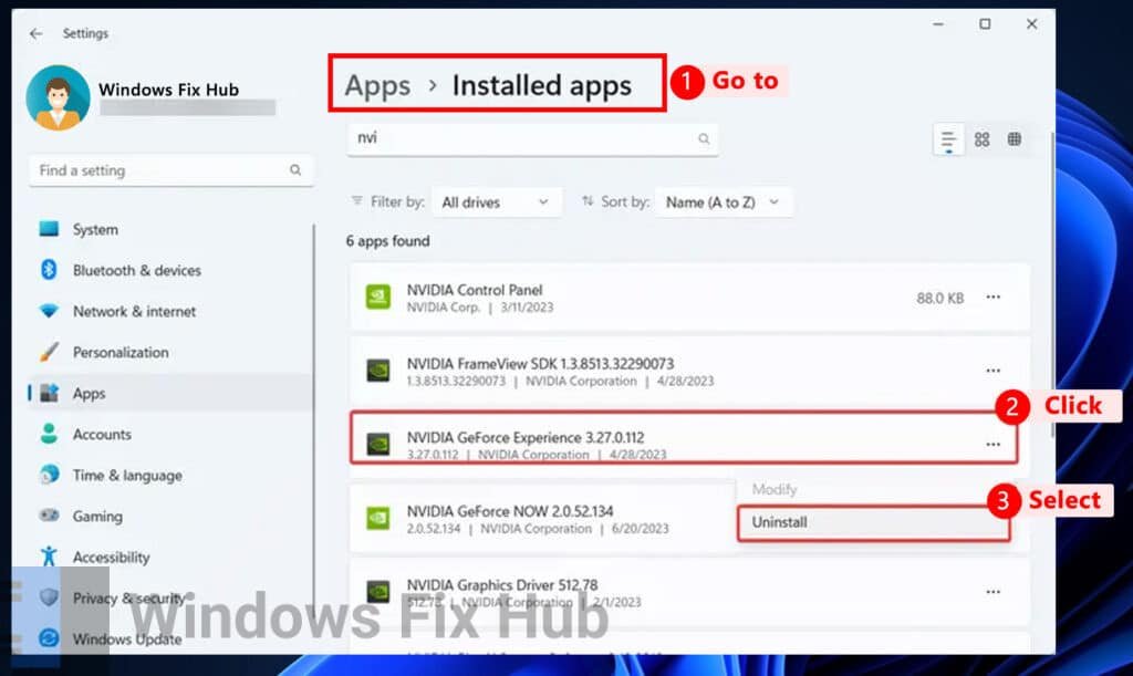 Uninstall Geforce Experience from Installed Apps