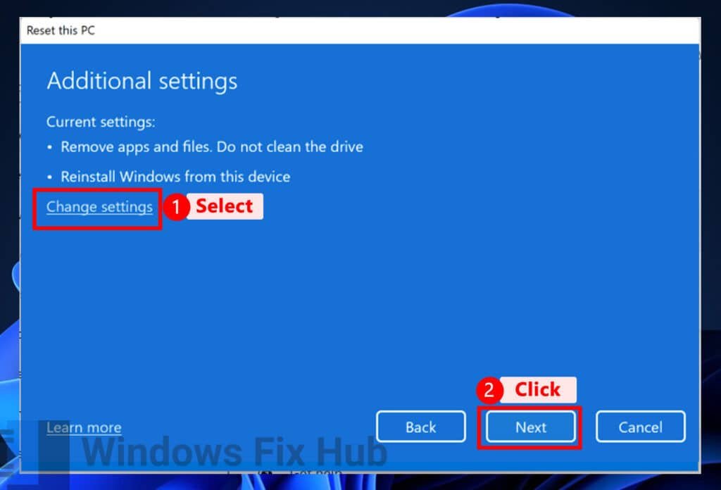 Change settings for Reset this PC window