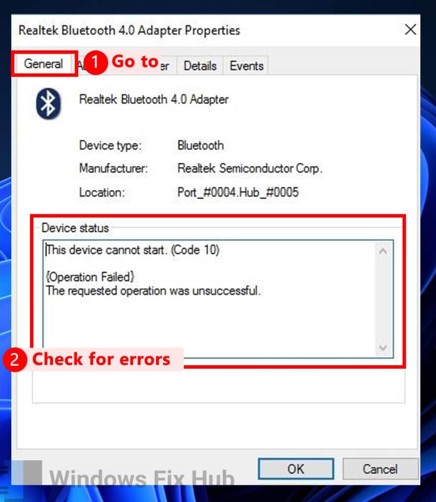 Check for Bluetooth Adapter Errors in General tab