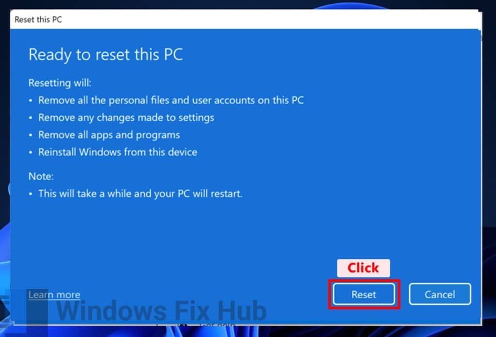 Click Reset in Ready to Reset this PC