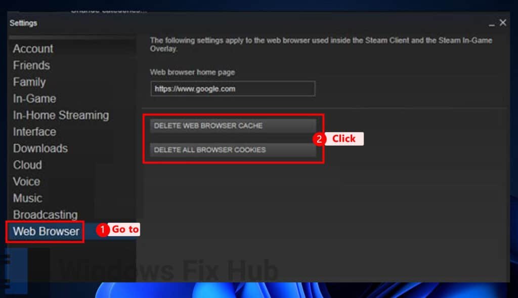 Delete Web Browser Cache of Steam