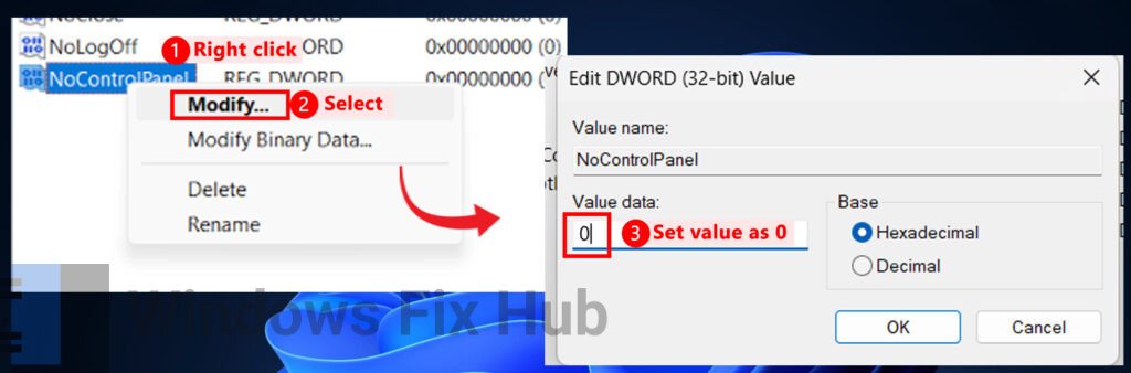 Modify NoControlPanel Value to 0