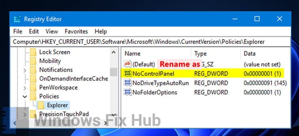 Rename new DWORD as NoControlPanel