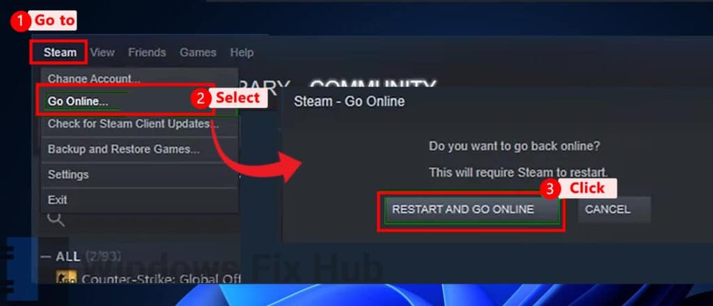 Select Go Online for Steam