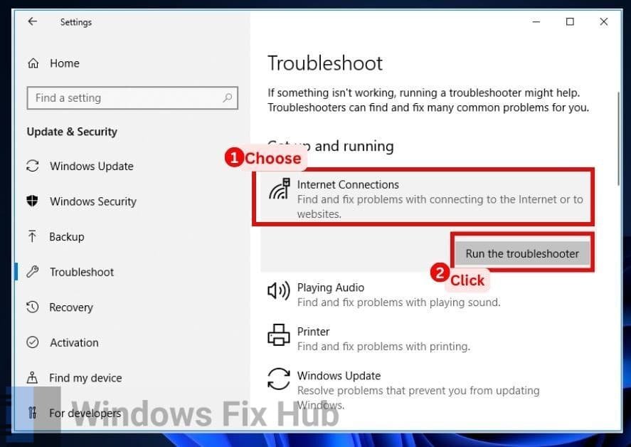 Select Internet Connections then Run Troubleshooter