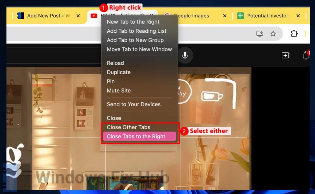 Select close other tabs