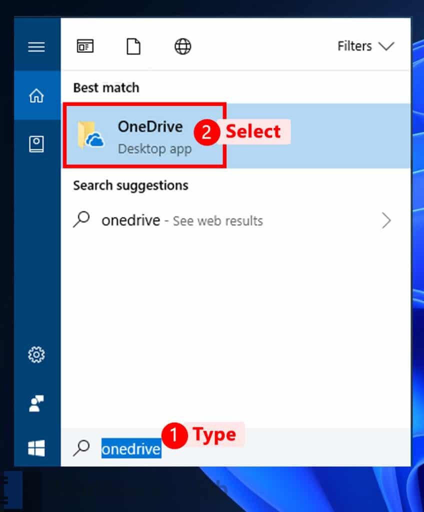 Type OneDrive in Windows Search