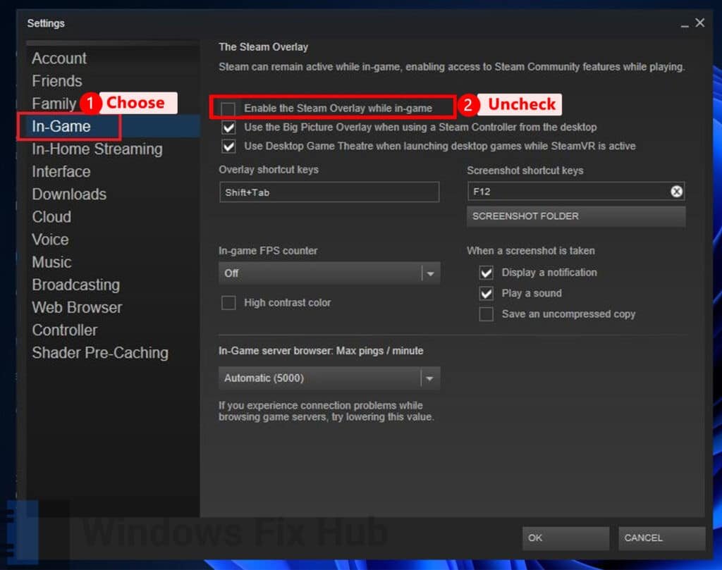 Uncheck Enable the Steam Overlay while in-game